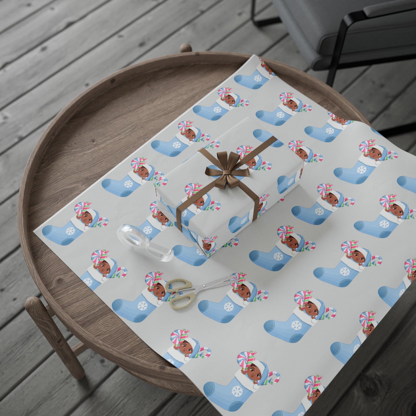 Little Brown Baby Boy Blue Stocking Wrapping Paper