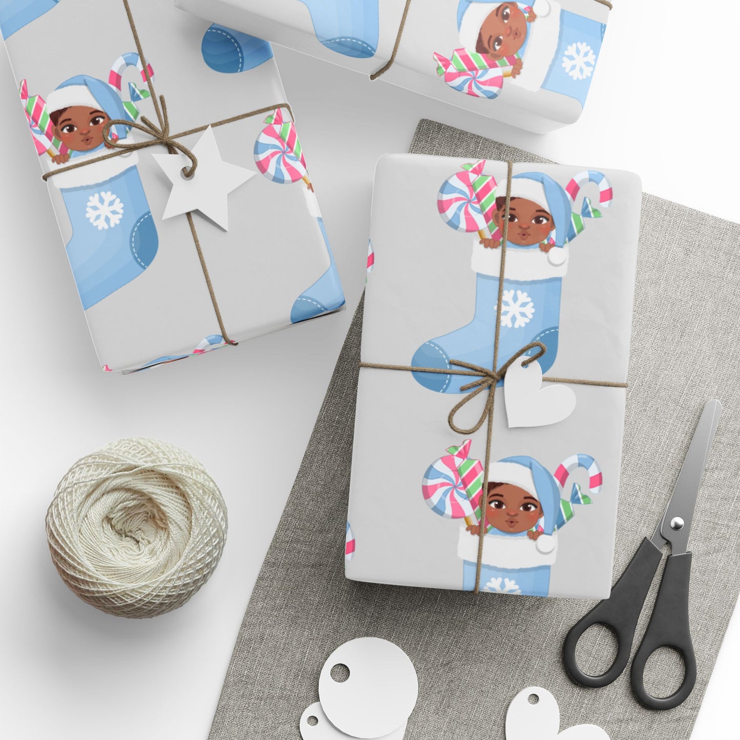 Little Brown Baby Boy Blue Stocking Wrapping Paper