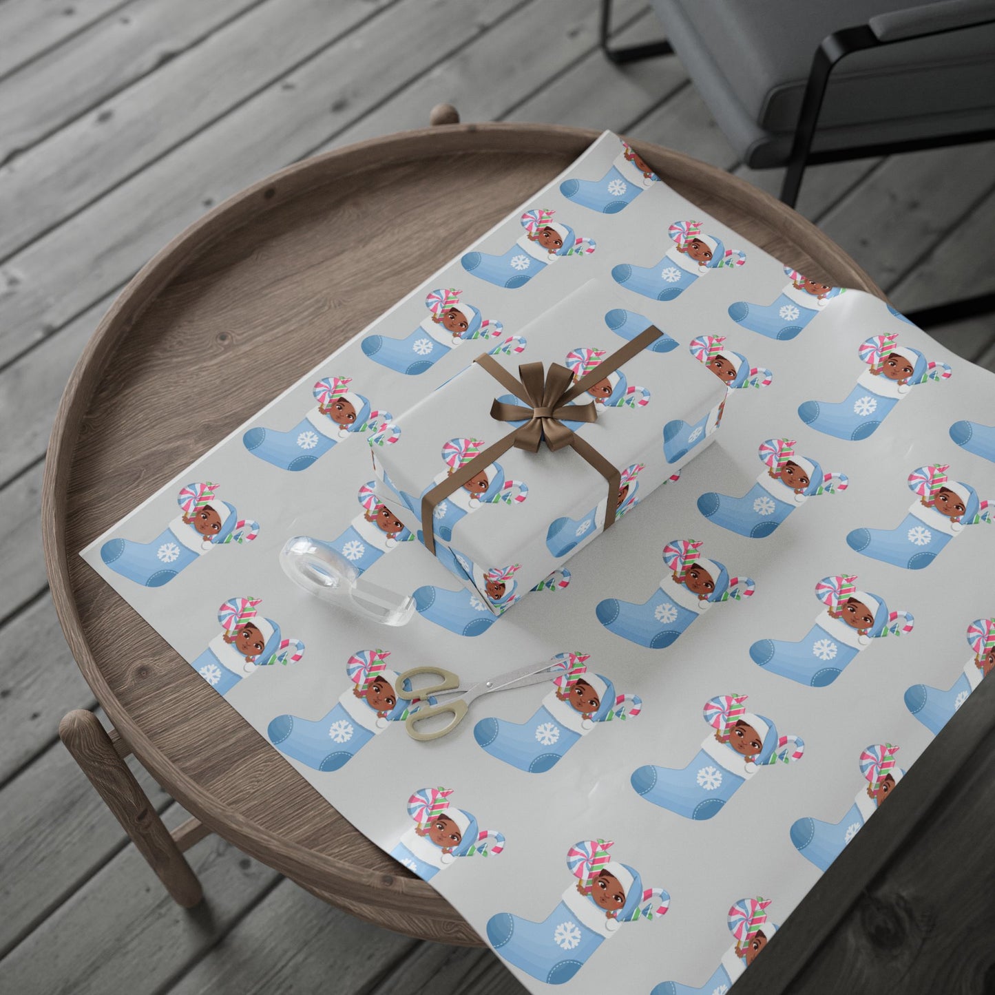 Little Brown Baby Boy Blue Stocking Wrapping Paper