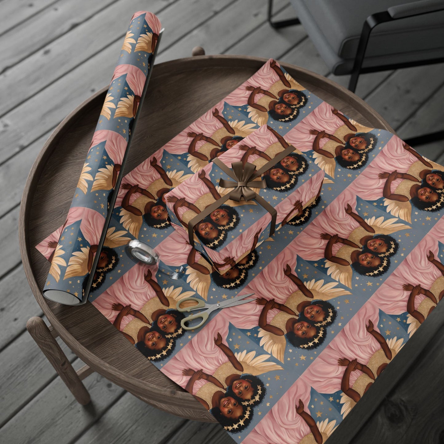 Title: Little Black Angel Girls Wrapping Paper - Celebrate with Elegance and Joy!