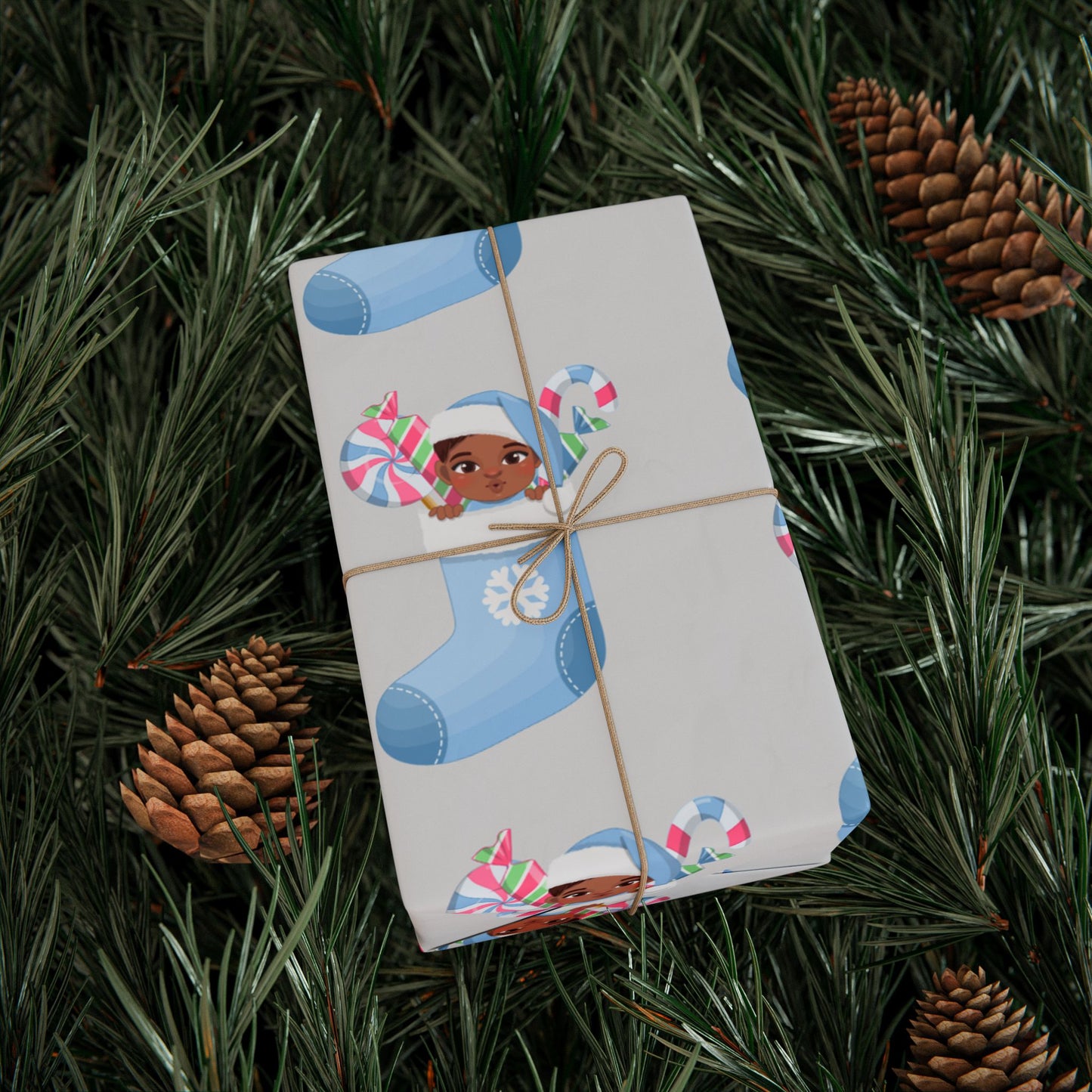 Little Brown Baby Boy Blue Stocking Wrapping Paper