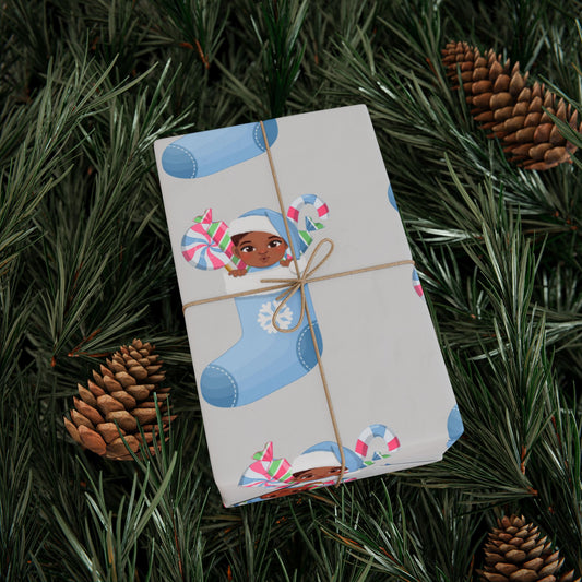 Little Brown Baby Boy Blue Stocking Wrapping Paper