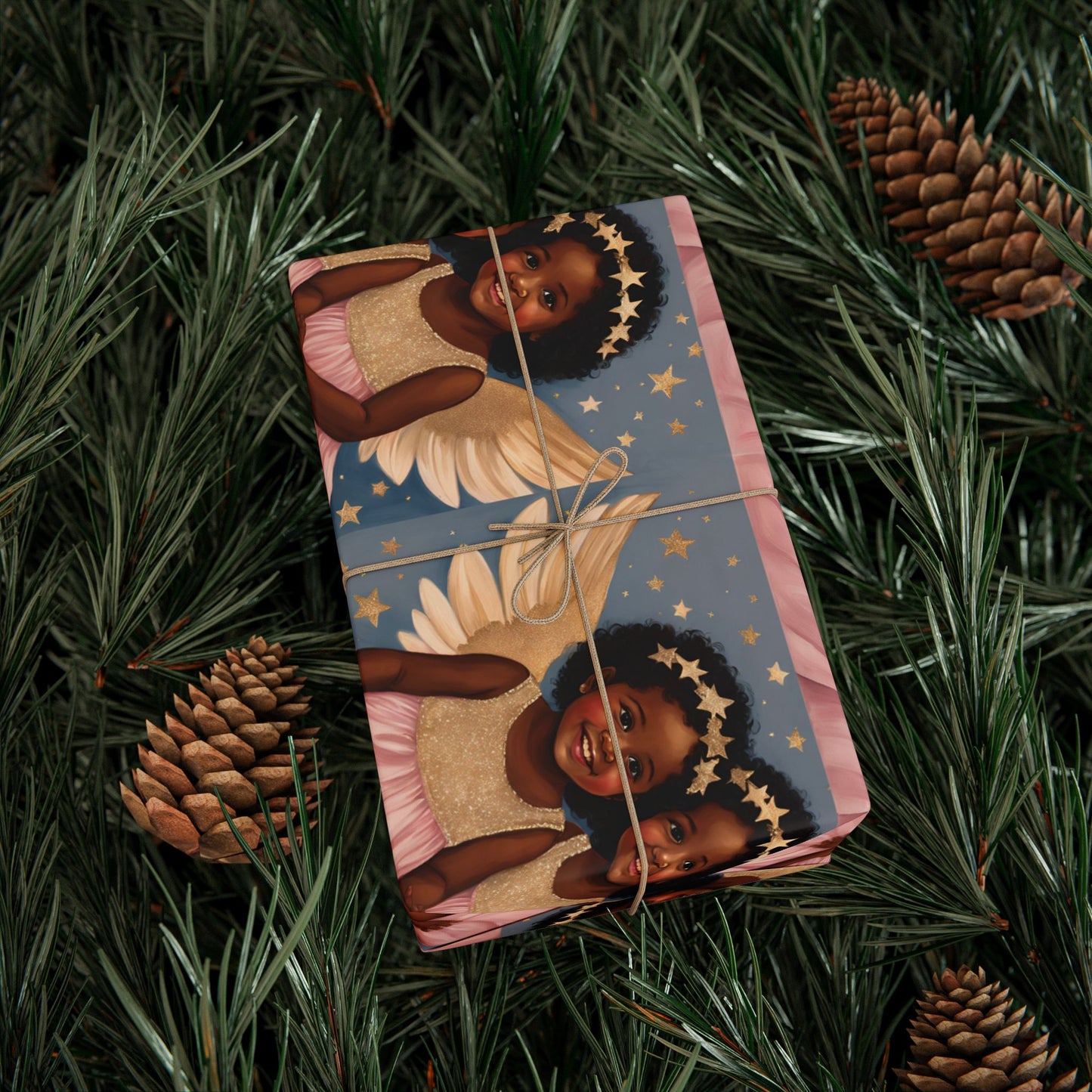 Title: Little Black Angel Girls Wrapping Paper - Celebrate with Elegance and Joy!