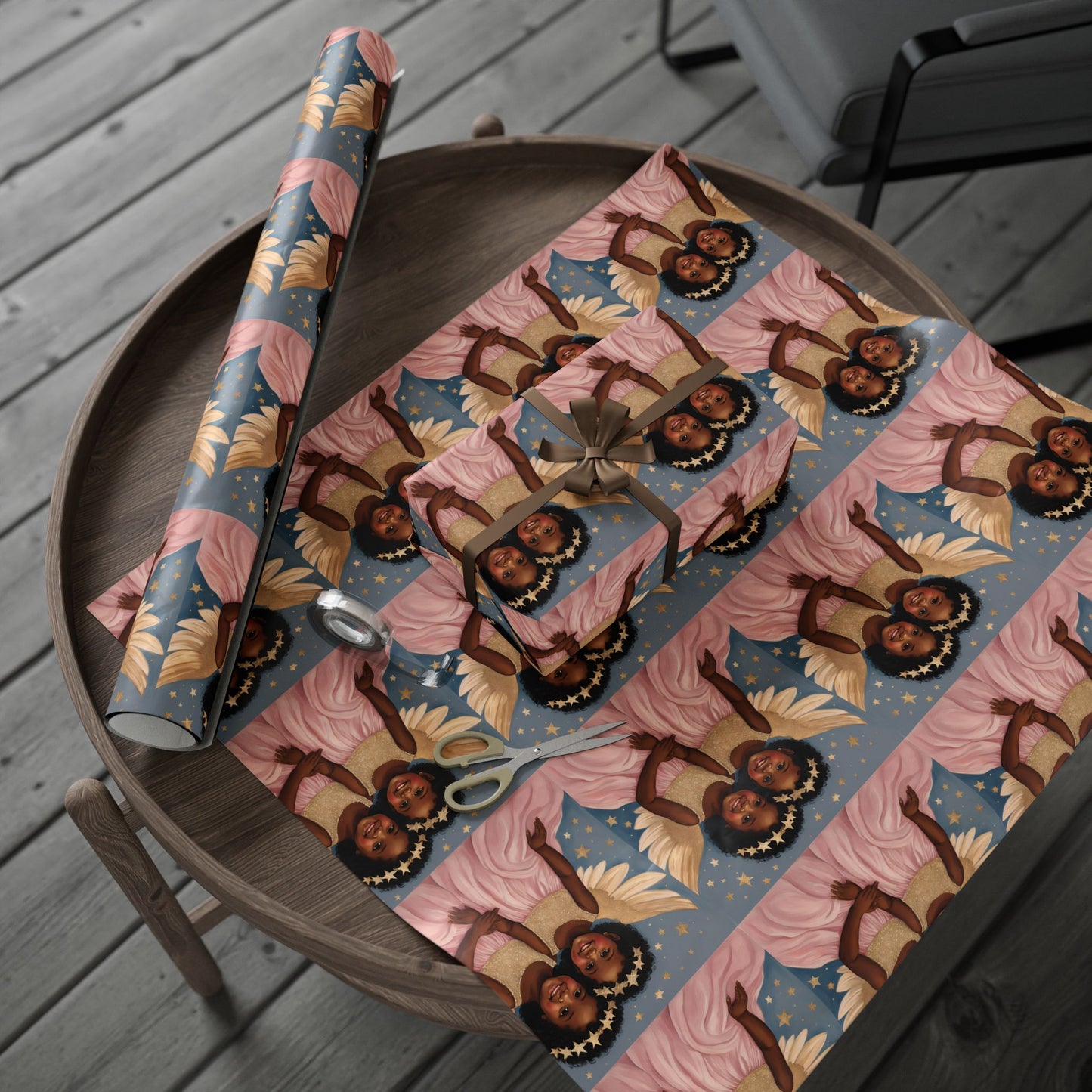 Title: Little Black Angel Girls Wrapping Paper - Celebrate with Elegance and Joy!