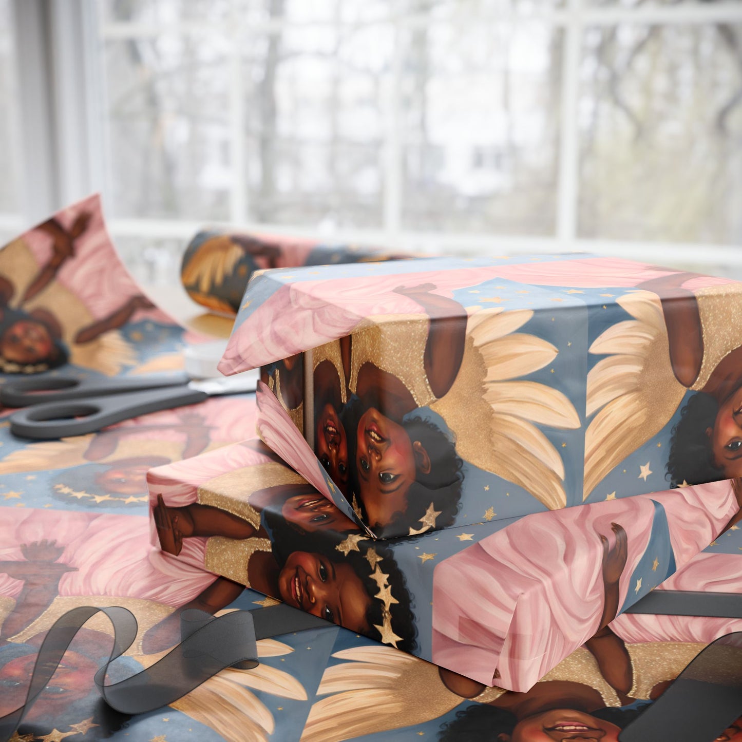 Title: Little Black Angel Girls Wrapping Paper - Celebrate with Elegance and Joy!