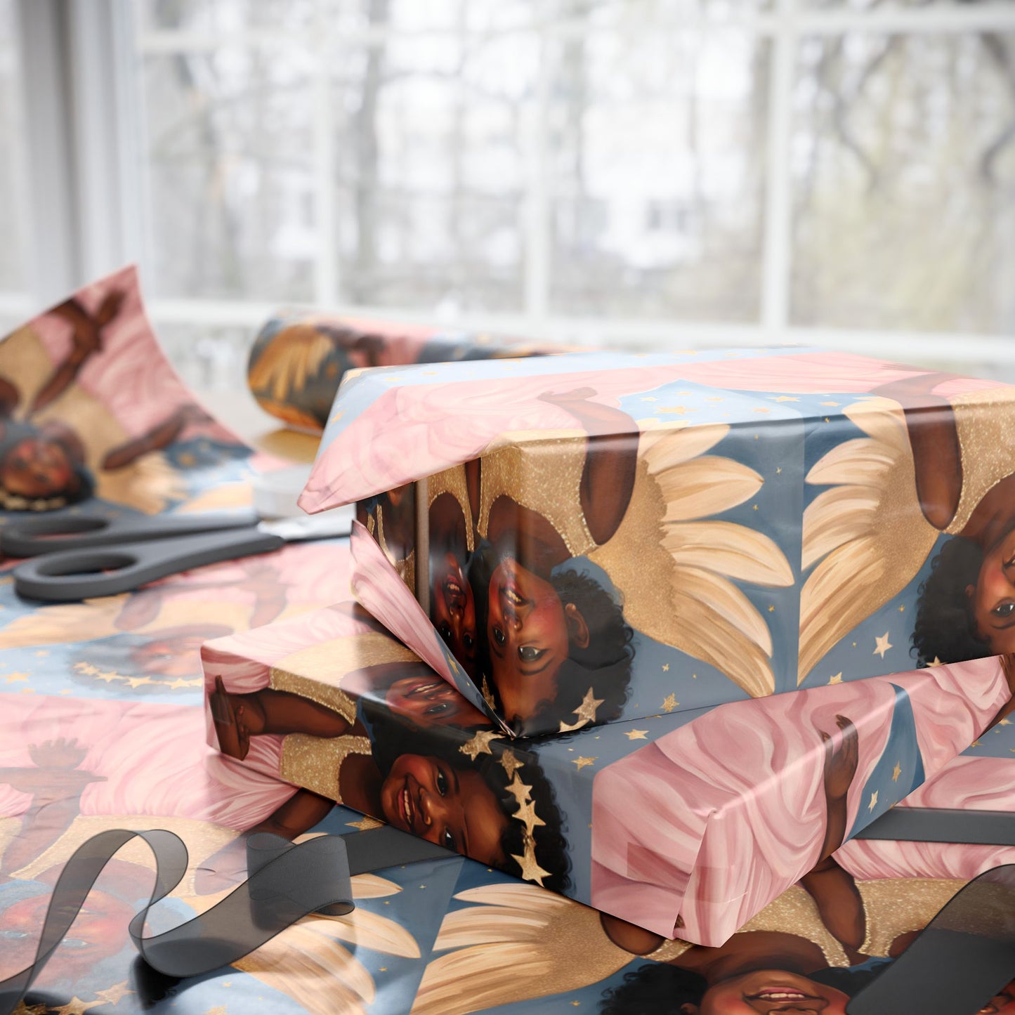 Title: Little Black Angel Girls Wrapping Paper - Celebrate with Elegance and Joy!