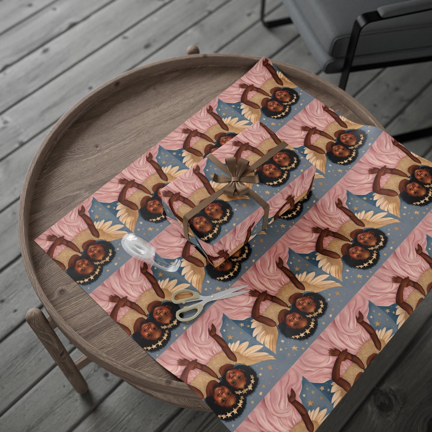 Title: Little Black Angel Girls Wrapping Paper - Celebrate with Elegance and Joy!