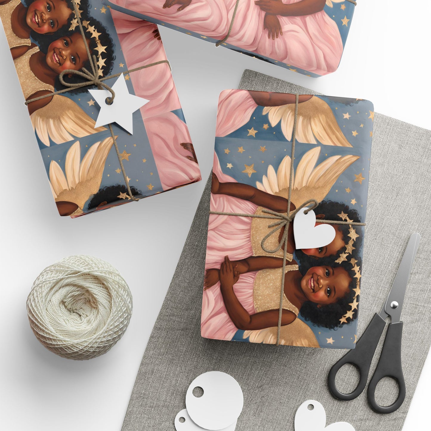 Title: Little Black Angel Girls Wrapping Paper - Celebrate with Elegance and Joy!